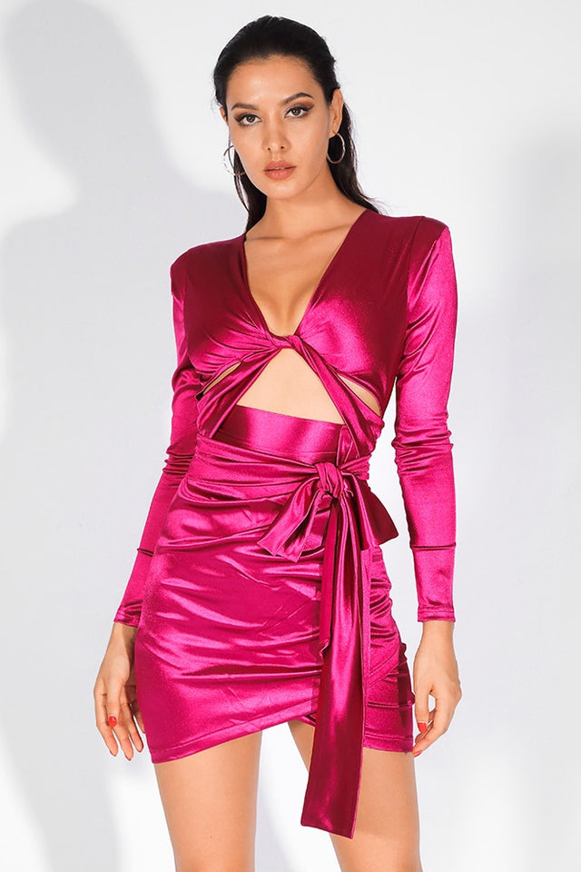 Pink Long Sleeve Cut Out Dress ...